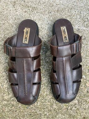 Cherokee Brown Leather Slide Sandals with Black Sole